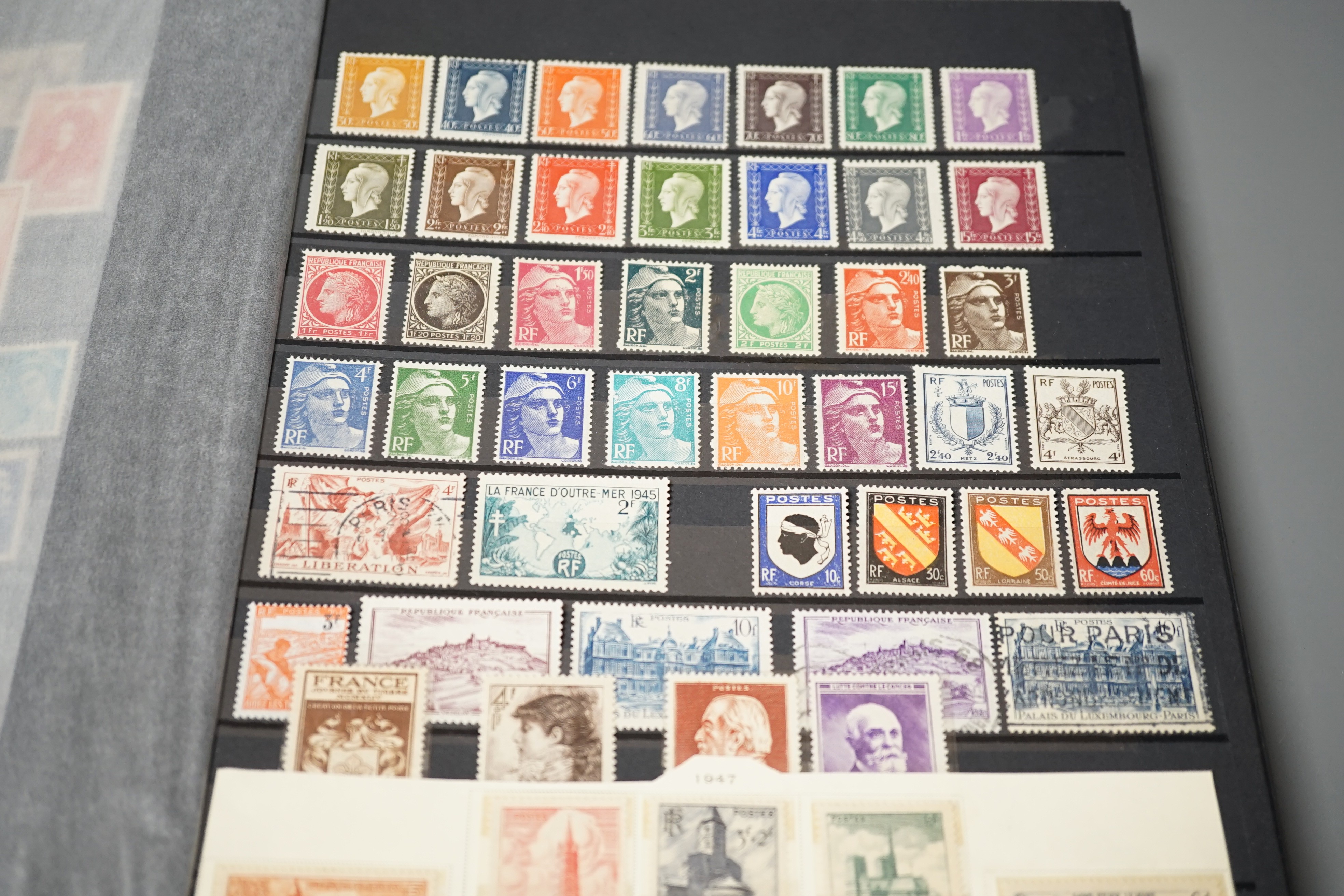 France stamp collection in 2 albums and stock book. Mint and used from early issues to modern including 1937 museum pair used, 1938 50Fr ader used